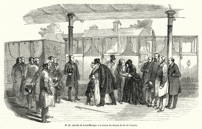 Lajos Fülöp francia király megérkezik a croydoni vasútállomásra, miután száműzetésbe kényszerült, 1848 februárja (metszet) alkotó: French School