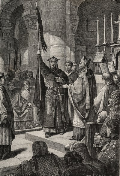 VII. Lajos király (1120-1180) átveszi a Szent Dénes-bazilika (Szent Denis) oriflame-jét Aquitánia Alienor királynéja jelenlétében, és átveszi III. távozása előtt alkotó: French School