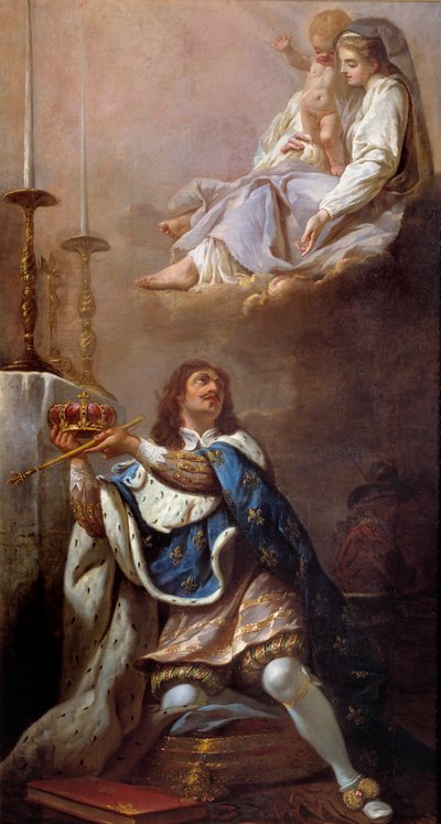 XIII. Lajos király felajánlja koronáját a Francia Iskola Szűz festményének. 17. századi Versailles. Versailles-i Boldogasszony templom alkotó: French School
