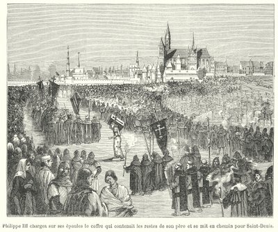 III. Fülöp francia király apja, IX. Lajos csontjait vitte a párizsi Szent Denis-bazilikába temetésére. alkotó: French School