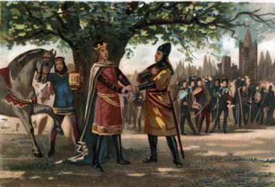 Philippe Augustus francia király (1165-1223) az Oriflame elfoglalása közben találkozott Richard Lion király szívével Saint Denisben. Kromolitográfia 1890 körül. alkotó: French School