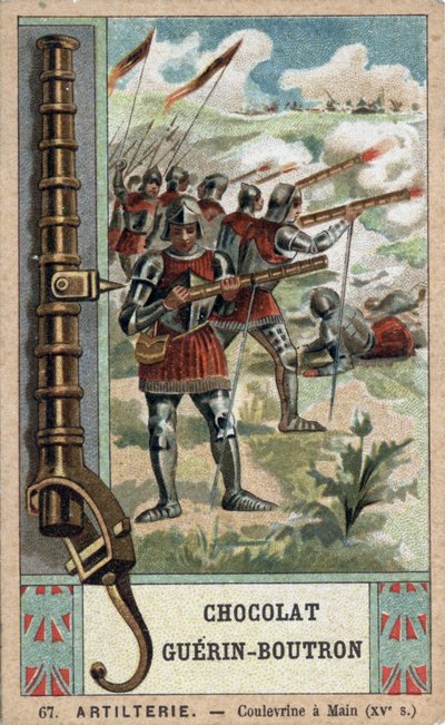 15. századi kézi coulevrint manőverező lovag. századi Guérin-Boutron csokoládék kromolitográfiája. alkotó: French School