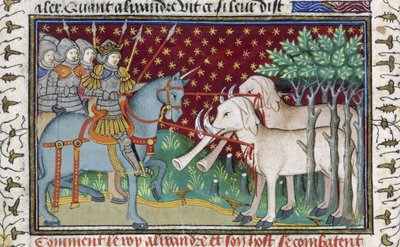 Elefántokra támadó lovagok a „Shrewsbury Talbot Book of Romances”-ből, 1445 körül (vellum) alkotó: French School