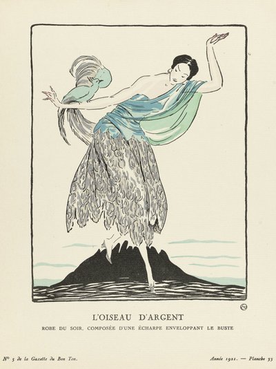 Az Ezüst Madár. Estélyi ruha, amely a La Gazette du Bon Ton, kocsma mellszobrát körülölelő sálból áll. 1914 (sablonnyomat) alkotó: French School