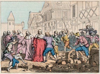 La Fronde (1648. augusztus 27.) - Barikádok Párizsban: egy rotorfiú a parlament elnökét, Mathieu Mole-t (1584-1656) fenyegeti - Mole elnököt felkelők bántalmazzák - 19. század végi metszet a „” Nos Gires Nationales-ban” Images et reci alkotó: French School