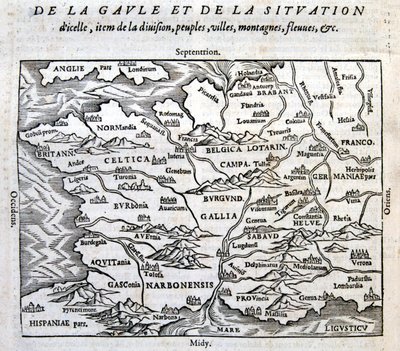 Gallia, folyói és hegyei – François de Belle Forest „Univerzális kozmográfia a világ végén” című könyvében, szerk. Sonnius, Párizs alkotó: French School