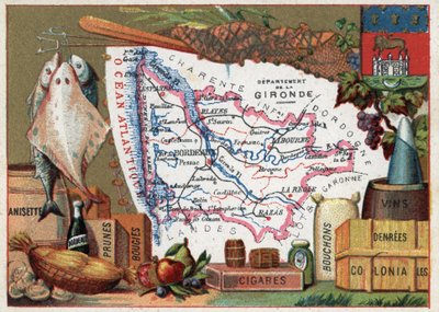 La Gironde (33), Aquitaine, Franciaország. Helyi specialitások: hal, anisett, bordeaux-i bor, szilva, gyertya, szivar, parafa és gyarmati ételek. Sorozat a francia minisztériumokról. Kromolitográfia (Chromo) „” a földrajzi szál””, 1920 körül. Magángyűjtemé alkotó: French School