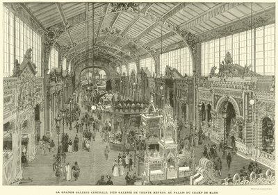 A Nagy Központi Galéria, amelyet Harmincméteres Galériának hívnak, a Palais du Champ de Marsban (metszet) alkotó: French School