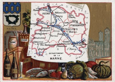 La Marne (51) a franciaországi Champagne Ardenne-ben (Champagne-Ardenne). Helyi specialitások: pezsgő és a Cathedrale de Reims. Sorozat a francia minisztériumokról. Kromolitográfia (Chromo) „” a földrajzi szál””, 1920 körül. Magángyűjtemény. alkotó: French School