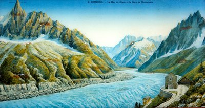 La Mer du Glace, Aiguille du Dru és Montanvers állomás, 1900 körül (színes fénykép) alkotó: French School