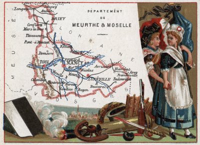 La Meurthe et Moselle (Meurthe-Et-Moselle, 54), Lotaringia, Franciaország. Két forradalmár nő portréja. Sorozat a francia minisztériumokról. Kromolitográfia (Chromo) „” a földrajzi szál””, 1920 körül. Magángyűjtemény. alkotó: French School