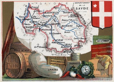 La Savoie (73), Rhone Alpes (Rhone-Alpes), Franciaország. Sorozat a francia minisztériumokról. Helyi specialitások: dióolaj, bor, gabonafélék, kirschwasser (kirsch), sajt, kamarás géz és bőr. Kromolitográfia (Chromo) „a földrajzi szál”, 1920 körül. P alkotó: French School