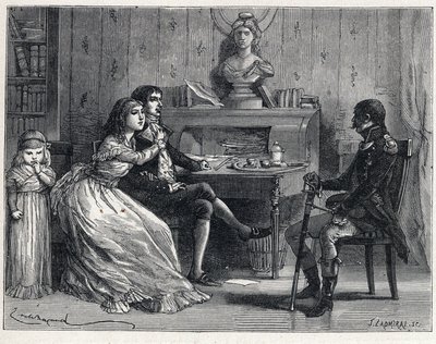 La Terreur a francia forradalom idején: A bebörtönzött Camille Desmoulins (1760-1794) feleségét, Lucile-t (1770-1794) és a marechal Guillaume Brune-t (1763-1815) látogatta meg. alkotó: French School