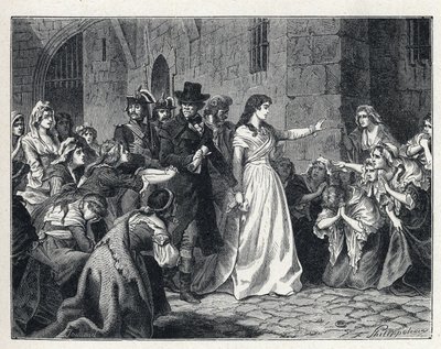 La Terreur a francia forradalom idején: Madame Jeanne Marie Roland de la Platiere (1754-1793) elhagyja a Concierge börtönt, hogy a Forradalmi Bíróság elé álljon 1793-ban. Kodetenujai az útjába térdelnek. alkotó: French School