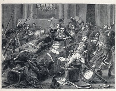La Terreur a francia forradalom idején: Maximilian de Robespierre (1758-1794) letartóztatása és támogatói találkoztak a Hotel de Ville de Paris-ban II. Thermidor év 9-én (1794. július 27-én). A központban egy csendőr pisztolyt lőtt Robespierre-re (1758-179 alkotó: French School