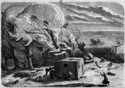 A "Le Geant" ballon lezuhanása Hannoveri síkságán 1863-ban, fedélzetén Jules és Louis Godard, Felix Nadar, felesége, Fernand Montgolfier és Thirion. A repülõgépek megpróbálják kimenteni Ms. Nadart, aki a kosár alá került. Metszet a "" The World Illus-ba alkotó: French School