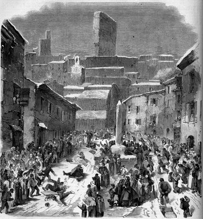 A csúszda barriotokban (szánkózás) Bourdeaux-ban, Drome (26), 1860 telén. Metszet a „” Le Monde Illustré”” 149. számában, 1860. február 18.. alkotó: French School