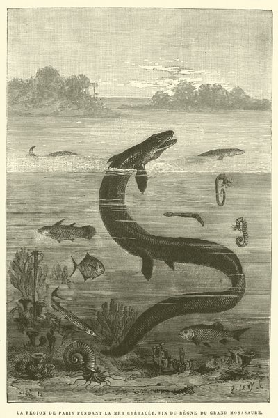 Párizs régiója a kréta-tenger idején, a nagy mosaaurusz uralkodásának vége (metszet) alkotó: French School
