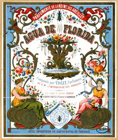 Címkereklám Aqua de Florida parfüm a La Reine des Abeilles parfümboltból, Párizs, 19. század 2. fele alkotó: French School