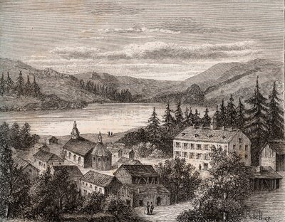 Lac de Gerardmer - Alsace Champagne Ardenne Lorraine - metszet a „La France illustree: földrajz, történelem, statisztikai igazgatás” című könyvében, V.A. Maláta-barna. 1884 alkotó: French School