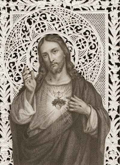 Jézus Szentséges Szívét ábrázoló csipkekártya, 19. század (bw litho) alkotó: French School