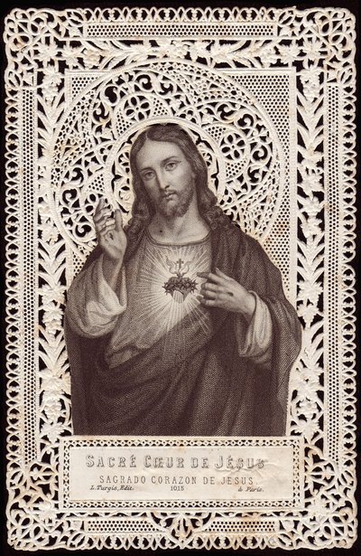 Jézus Szentséges Szívét ábrázoló csipkekártya, 19. század (bw litho) alkotó: French School