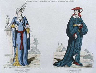 Hölgy 1498-ban VIII. Károly (1470-98) uralkodása alatt, nemesasszony 1395-ben VI. Károly (1380-1422) uralkodása alatt, francia polgári és katonai viseletből az évszázadokon keresztül (színes lith) alkotó: French School