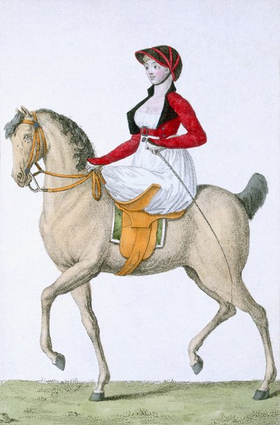 Lady riding sidedle, a Costumes Parisienből, megjelent a Journal des Dames et des Modes, 1798 alkotó: French School