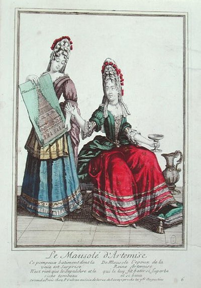 Hölgy a halikarnasszoszi mauzóleum képét mutatja (színes litográfia) alkotó: French School