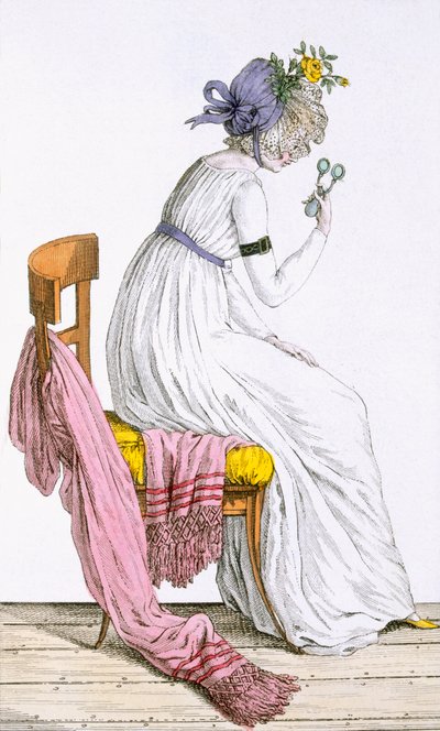 Negligee-t viselő hölgy, a Costume Parisienből, megjelent a Journal des Dames et des Modes, 1797-ben alkotó: French School