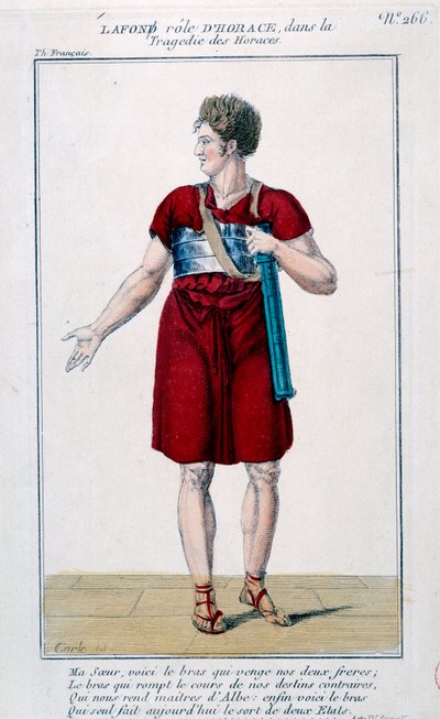 Lafon Horatius szerepében Corneille Horatius című tragédiájában (1640). századi metszet. Párizs, Comedie Francaise. alkotó: French School