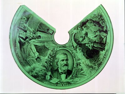 Giuseppe Verdi (1813-1901) portréjával, valamint az Othello és A sors ereje című jelenetekkel díszített lámpaernyő (metszet papírra) alkotó: French School