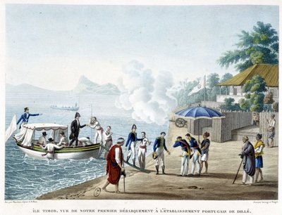 Leszállás a portugál Dillé településen, Timor szigetén. alkotó: French School