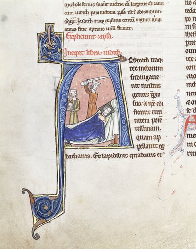 Nagy, történetírásos kezdőbetűs „A”, amely Juditot ábrázolja egy alvó Holofernész fölé emelt karddal, 1200-1225 körül (barna, piros, fehér és kék tinták rózsaszín alapon (vellum) golnal) alkotó: French School