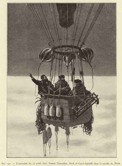 1875. április 15-i felemelkedés, Gaston Tissandier, Sivel és Croce-Spinelli a Zenith kosárban (metszet) alkotó: French School