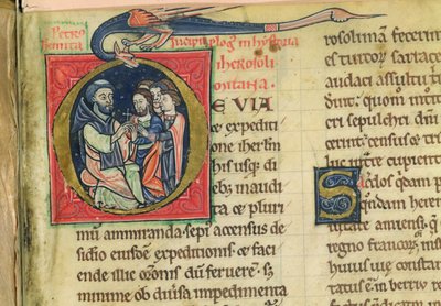 Lat 5128 f.1 Péter a remete kereszteket osztogat, Róbert szerzetes "Jeruzsálem története..." című művéből (pergamen). alkotó: French School