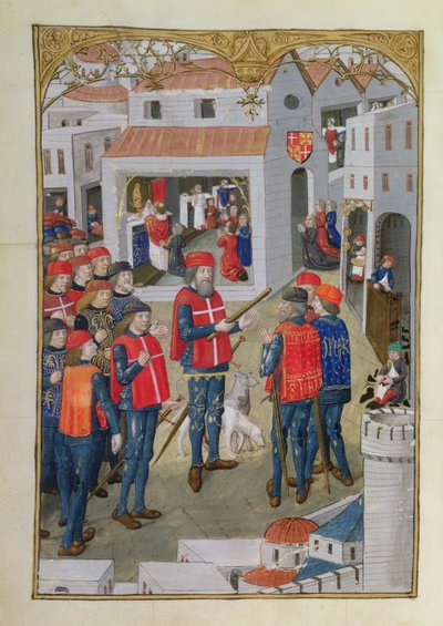 Lat 6067 fol.33v Jeruzsálemi Szent János lovagjai Rodosz védelmére készülnek, A Rodosz ostromának története, Guillaume Caoursin, 1483 alkotó: French School