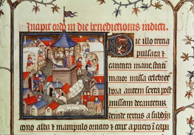 Lat 962 f.264 Miniatűr egy püspökről, aki megáldja az éves vásárt vagy piacot, amelyet júniusban két hétig tartanak St. Denis síkságán, egy pápa, 1301-1400 alkotó: French School