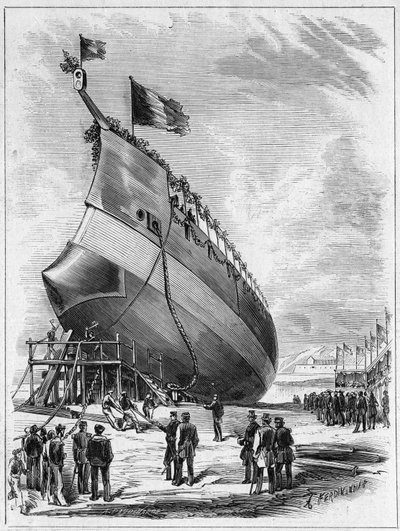 A „La Galissonniere” páncélhajó vízre bocsátása, 1872. május 7. Brest kikötőjében, Finistere (29). Metszet a „” Le Monde Illustré”” 789. számában, 1872. május 25. alkotó: French School
