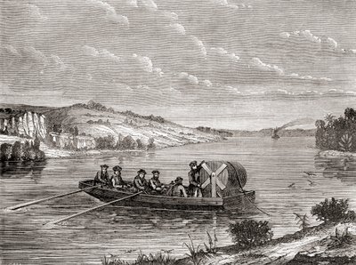 Távírókábel fektetése egy amerikai folyó alatt 1860 körül, a Les Merveilles de la Science-ből, megjelent 1870 körül (metszet) alkotó: French School