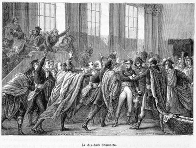 18 Brumaire 8. év: Napóleon államcsíny Saint-Cloudban a Conseil des Cinq-Centsben (Ötszáz) (500 szoba) – a „La France Populaire”-ben” alkotó: French School