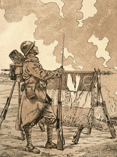 Le Bleuet. Az emlékezés és a szolidaritás jelképe Franciaországban, az első világháború veteránjai és áldozatai számára. 1. világháborús francia propaganda-illusztráció francia győzelmeket idézve korokon át. Az Agenda Buvard du Bon Marche 1917-ben megjelen alkotó: French School