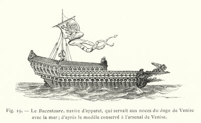 A Bucentaure, szertartásos hajó, amely a velencei dózse és a tenger esküvőjén szolgált; a velencei arzenálban őrzött makett után (metszet) alkotó: French School