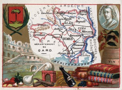Le Gard (30), Languedoc-Roussillon (Languedoc Roussillon), Franciaország - Helyi specialitások: eau de vie (desztilláló készülék) és bor - Jean-Pierre-Claris (Jean Pierre Claris) de Florian (1755-1794) portréja - Serie a francia megyékről - Chromoli alkotó: French School