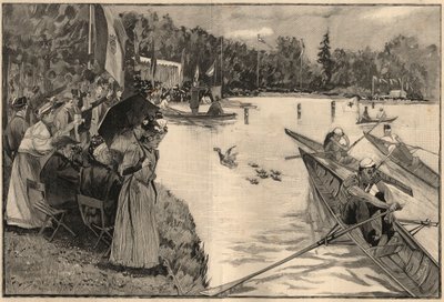 Le Lendit de Paris: iskolai regates a Grand lac du bois de Boulogne-ban – Metszet 1894-ből Lunel úr rajza alapján alkotó: French School