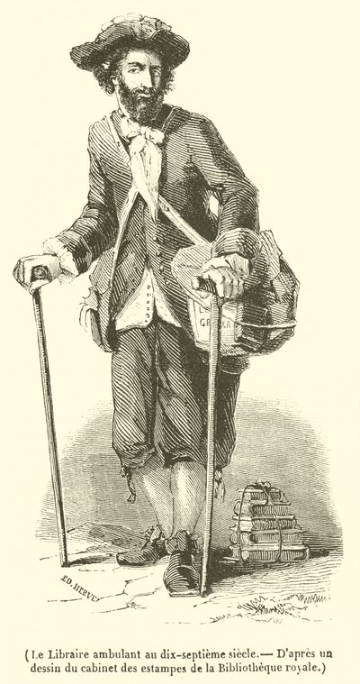 A vándor könyvkereskedő a tizenhetedik században (metszet) alkotó: French School
