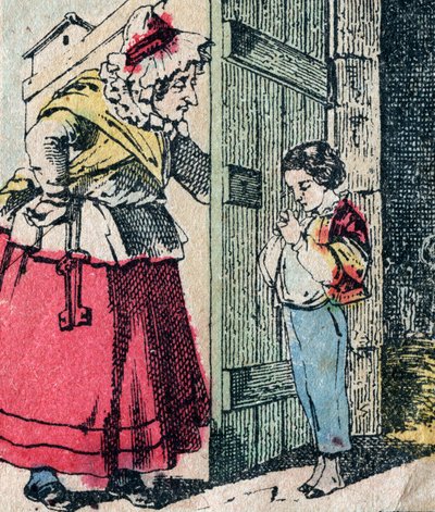 Le Pere Fouettard, a korbácsoló apa francia karaktere, a folklór legendás alakja, aki megbünteti a szemtelen gyerekeket: felesége, La Mere Fouettard, a korbácsoló anya, aki megbánt gyerekeket szül - Epinal kép alkotó: French School
