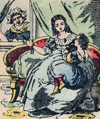 Le Pere Fouettard, a korbácsoló apa francia szereplője, a folklór legendás alakja, aki a szemtelen gyerekeket bünteti: felesége, La Mere Fouettard, a korbácsoló anya, aki nem rója meg a bölcs gyerekeket - Epinal kép alkotó: French School