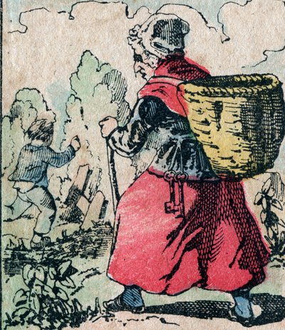 Le Pere Fouettard, a korbácsoló apa francia karaktere, a folklór legendás alakja, aki a szemtelen gyerekeket bünteti: felesége, La Mere Fouettard, a korbácsoló anya, aki üldözi az iskolát kihagyó gyerekeket - Epinal kép alkotó: French School
