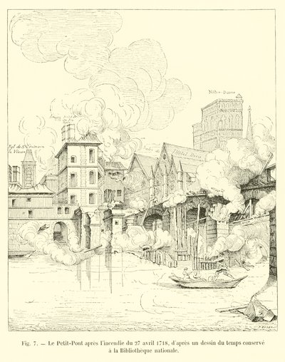 A Petit-Pont az 1718. április 27-i tűzvész után, a Nemzeti Könyvtárban őrzött korabeli rajzból alkotó: French School